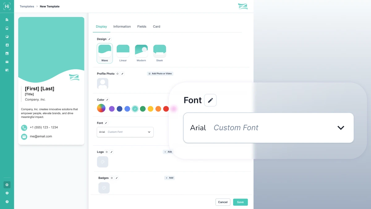 Font customization interface for business card templates in HiHello web app with color and design settings