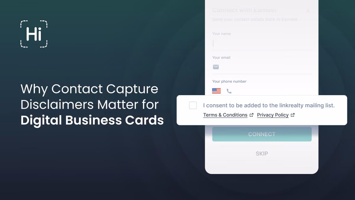 Contact capture disclaimer example on a digital business card form with privacy and consent options