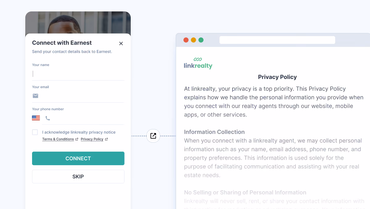 Digital business card contact form with consent checkbox and privacy policy links for GDPR compliance