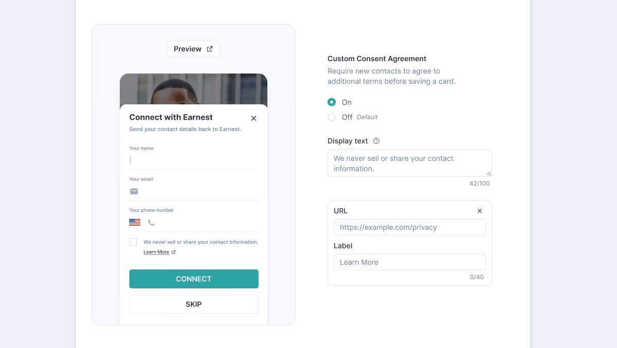 HiHello admin panel with custom consent agreement settings for enterprise digital business card compliance