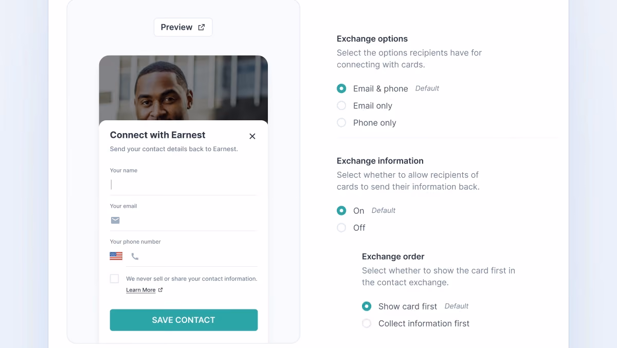 HiHello contact exchange settings showing how teams can control how and when contact details are collected.