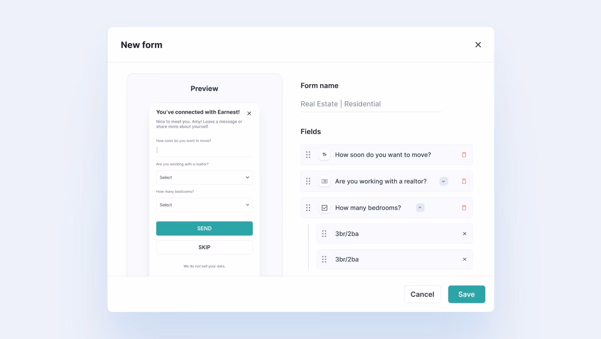 A custom lead capture form in HiHello with dropdown and open-text fields for tailored data collection.