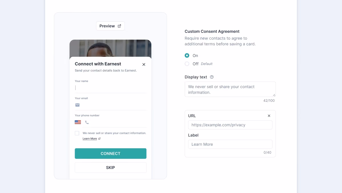 HiHello lead capture settings showing a custom consent disclaimer for data privacy compliance.