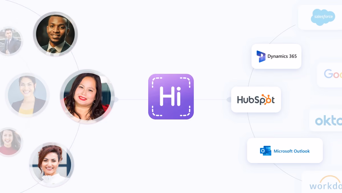 HiHello lead capture tools syncing team contact data across platforms like HubSpot and Salesforce.