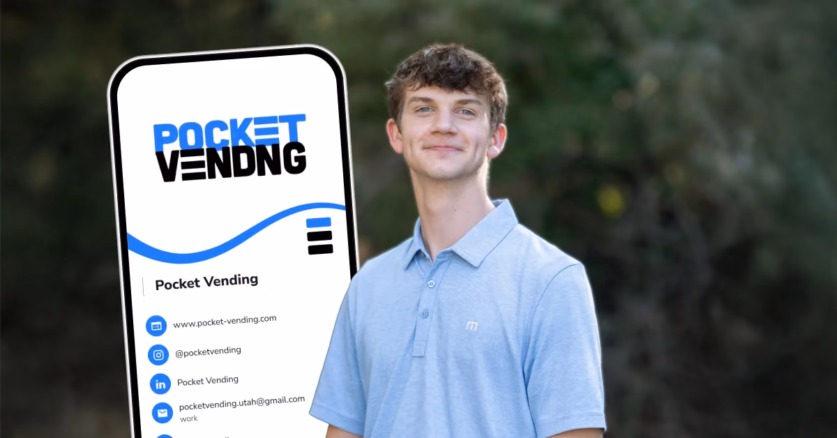 Josh Curtis, recipient of the HiHello Passion for Technology Scholarship, standing outdoors next to his Pocket Vending digital business card
