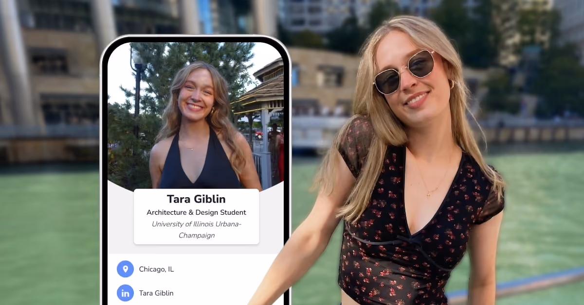 Tara Giblin, recipient of the HiHello Networking Scholarship, standing by the river in Chicago with her digital profile on display