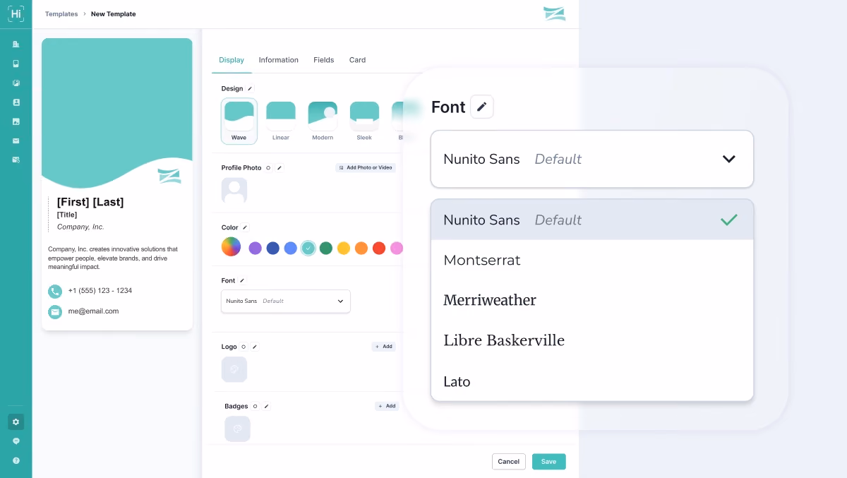 HiHello customization dashboard showing color, font, design, and layout options for digital business cards