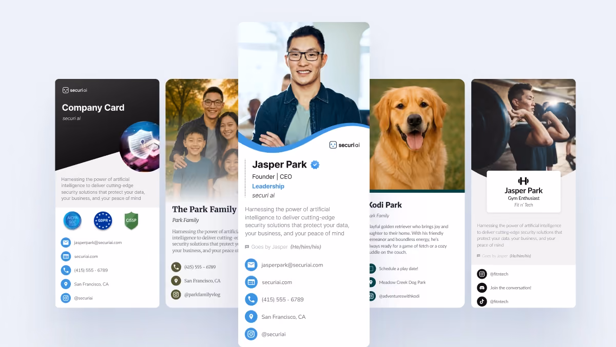 Five digital business card variations for different purposes, including company, family, gym, and pet profiles