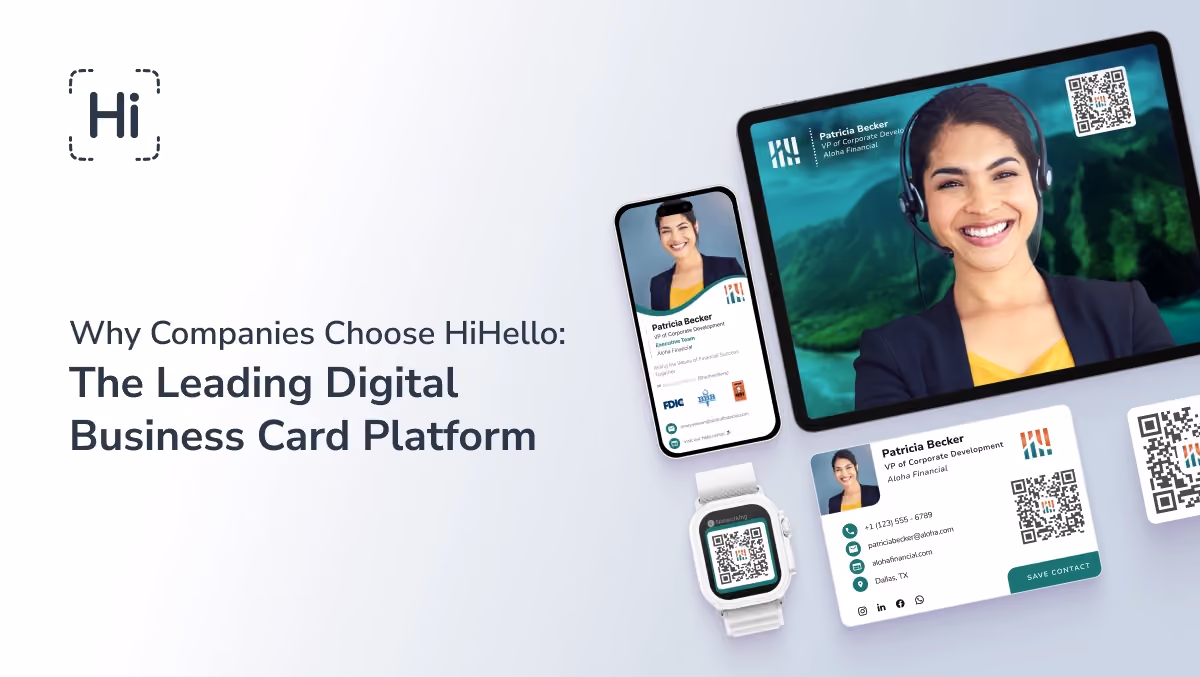 HiHello digital business card platform shown on multiple devices including phone, tablet, and smartwatch