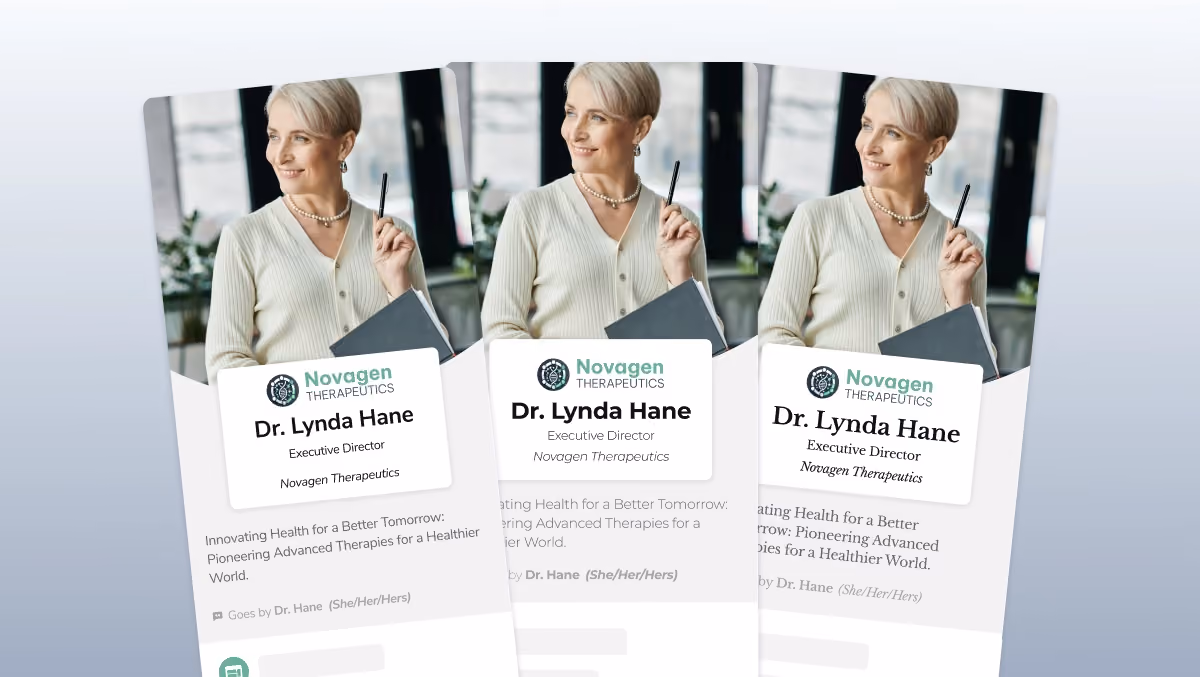 Digital business card preview for Novagen Therapeutics showing custom fonts applied to name and title