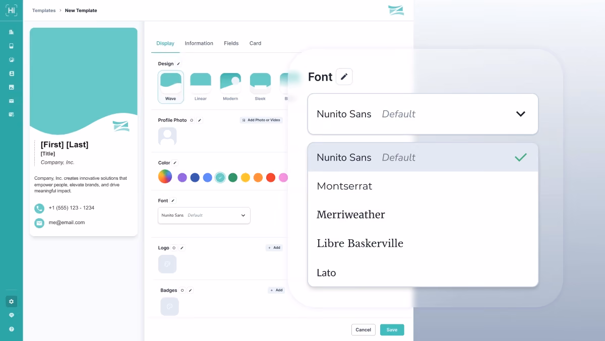 Admin view of HiHello template editor with font dropdown showing Nunito Sans, Montserrat, Merriweather, and others