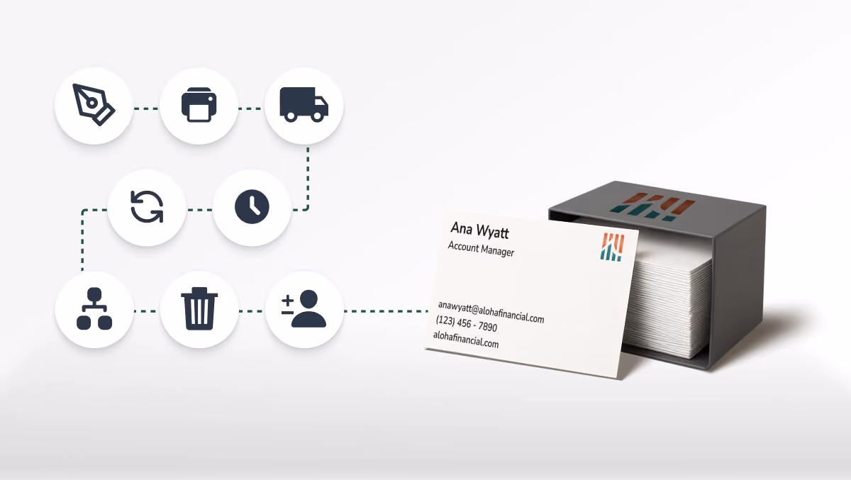 Graphic of traditional paper business cards with icons illustrating printing, shipping, and waste, highlighting inefficiencies.