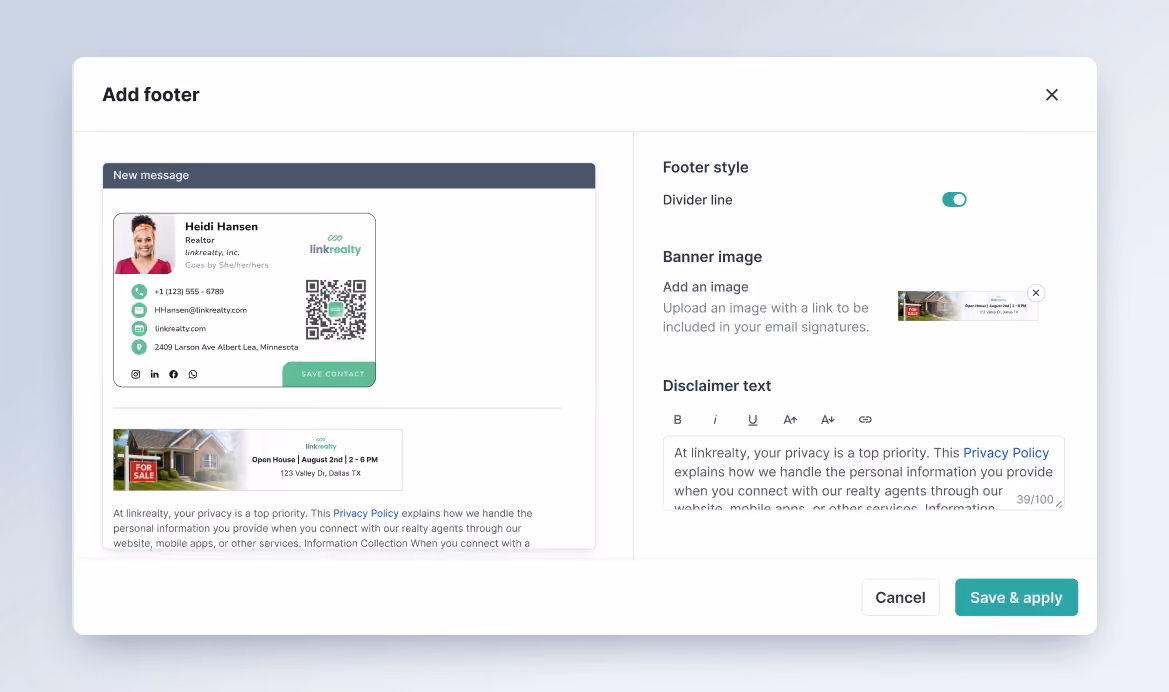 Comply with industry guidelines while adding a sleek branded signature to every email.