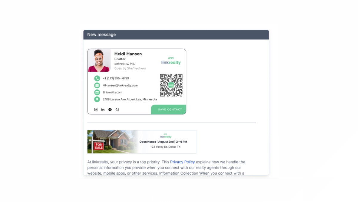 Example of a HiHello email signature with a digital business card, banner, and privacy disclaimer in an email message