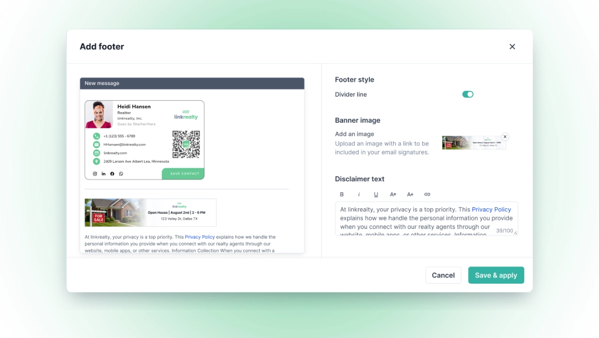 HiHello interface showing how to add a footer with a banner image and custom disclaimer to an automated email signature