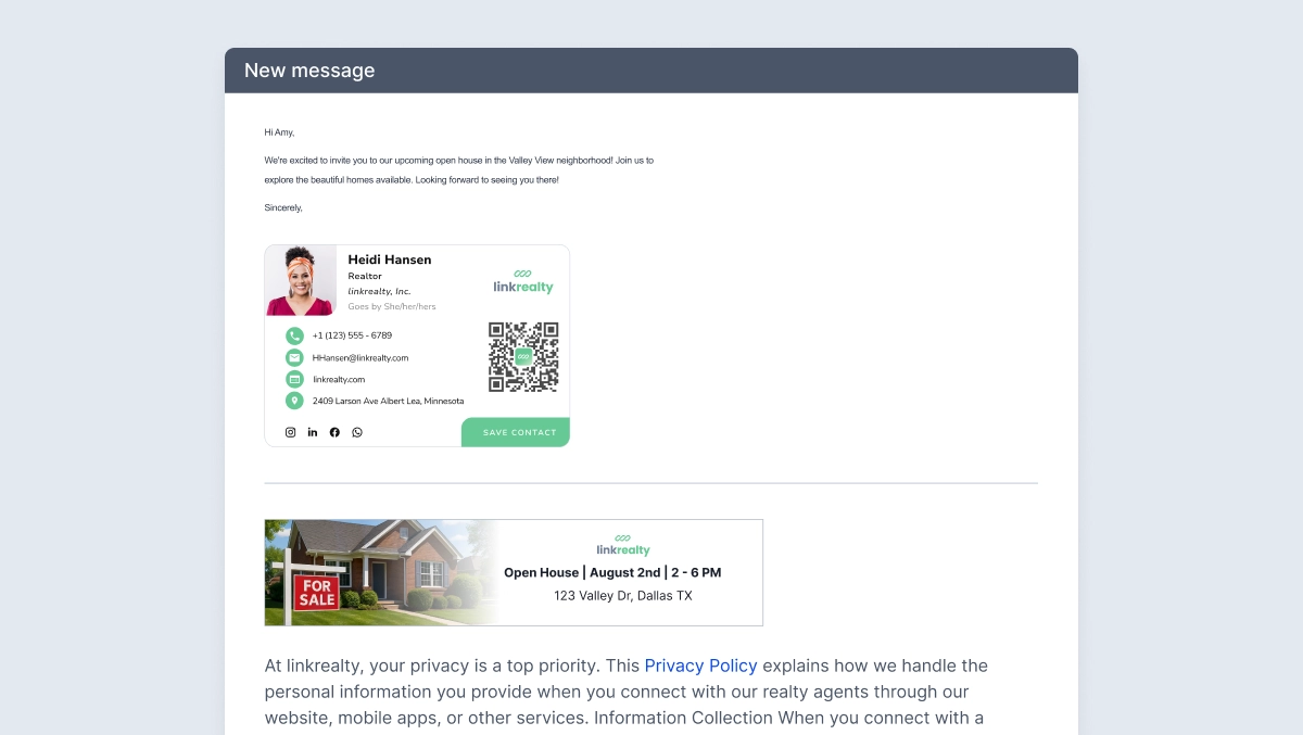 Annotated email signature mockup with signature block, CTA button, banner, and disclaimer text