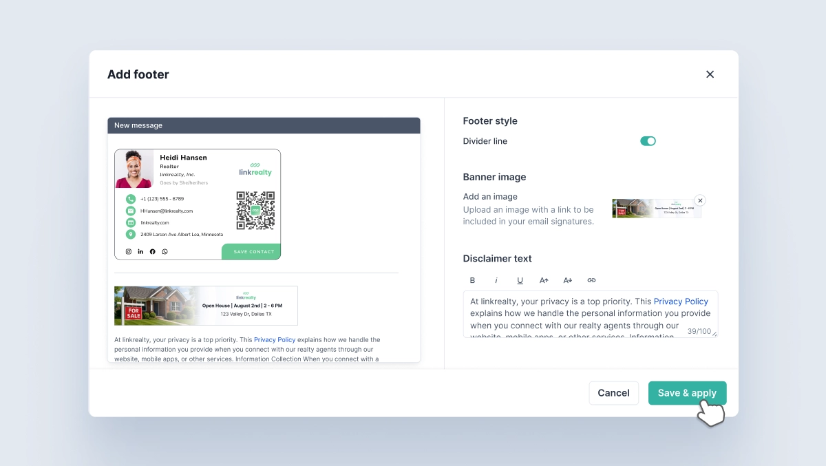 HiHello Email Signature Manager dashboard with banner upload, CTA configuration, and preview tools