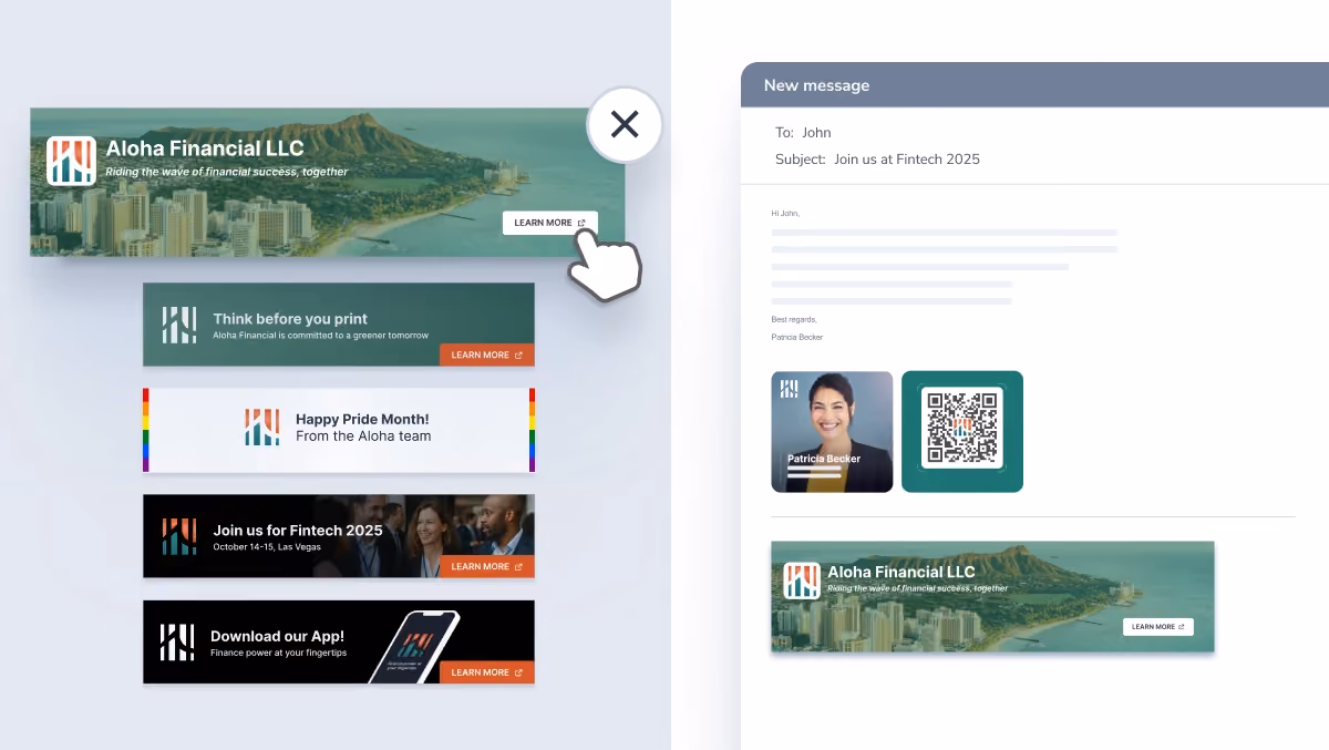 Visual examples of email signature banners promoting product launches, events, certifications, and sustainability efforts