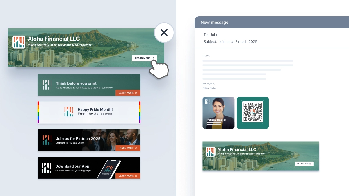 Visual examples of email signature banners promoting product launches, events, certifications, and sustainability efforts