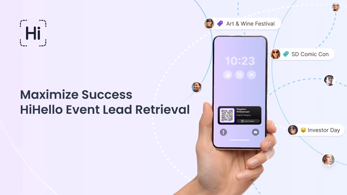 Visual concept showing HiHello’s digital card on a phone surrounded by various event labels like Art & Wine Festival, Investor Day