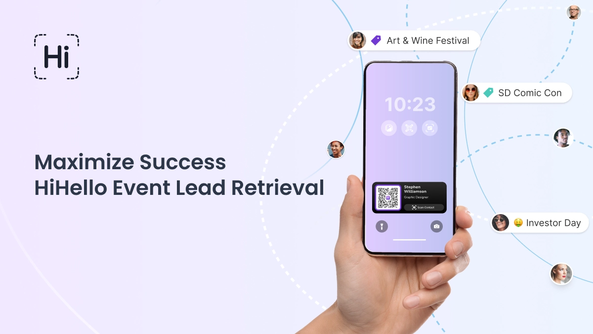 Visual concept showing HiHello’s digital card on a phone surrounded by various event labels like Art & Wine Festival, Investor Day