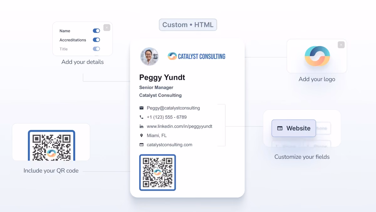Customizable email signature fields showing logo, QR code, contact details, and links.