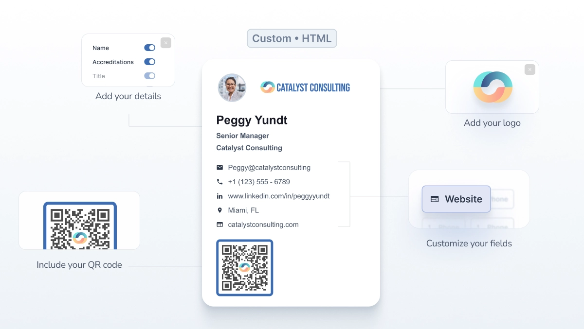 Customizable email signature fields showing logo, QR code, contact details, and links.