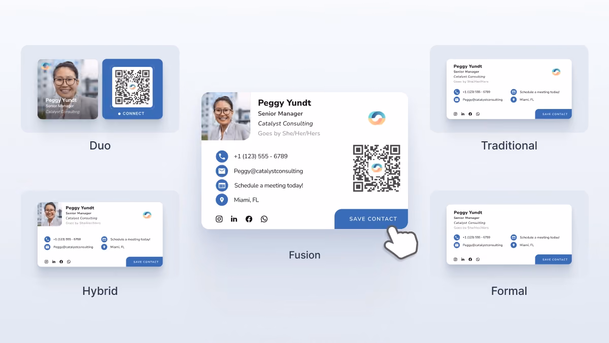 Multiple HiHello email signature layouts including Duo, Fusion, Hybrid, Traditional, and Formal.