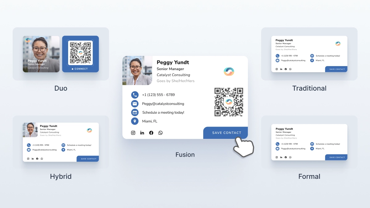 Multiple HiHello email signature layouts including Duo, Fusion, Hybrid, Traditional, and Formal.