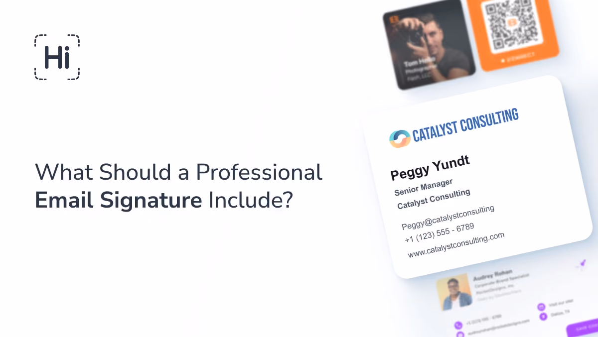 Example of a professional HTML email signature with name, title, company, and contact details.
