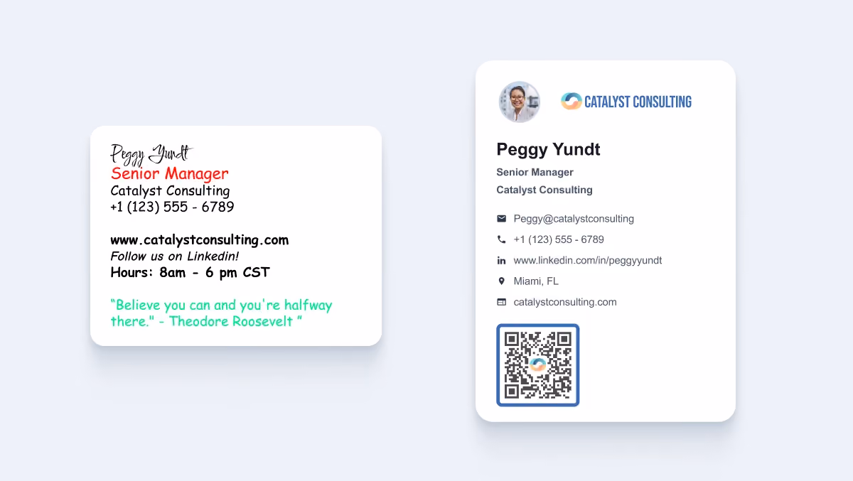 Side-by-side comparison of a cluttered, inconsistent email signature and a clean, branded HiHello digital business card signature.