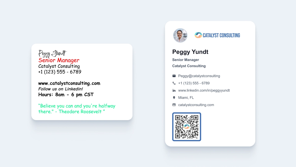 Side-by-side comparison of a cluttered, inconsistent email signature and a clean, branded HiHello digital business card signature.