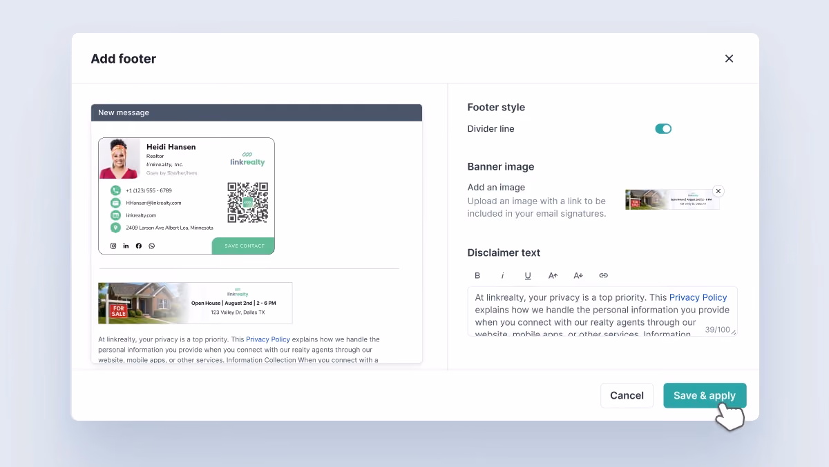 HiHello Email Signature Manager interface showing options to add banners, footers, and disclaimers to company-wide email signatures.