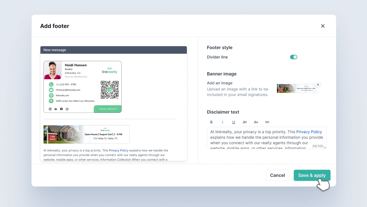 HiHello Email Signature Manager interface showing options to add banners, footers, and disclaimers to company-wide email signatures.