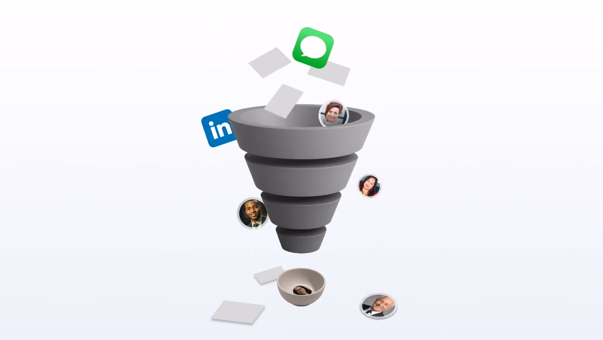 Illustration of business contacts falling out of the funnel due to missed LinkedIn and messaging app connections