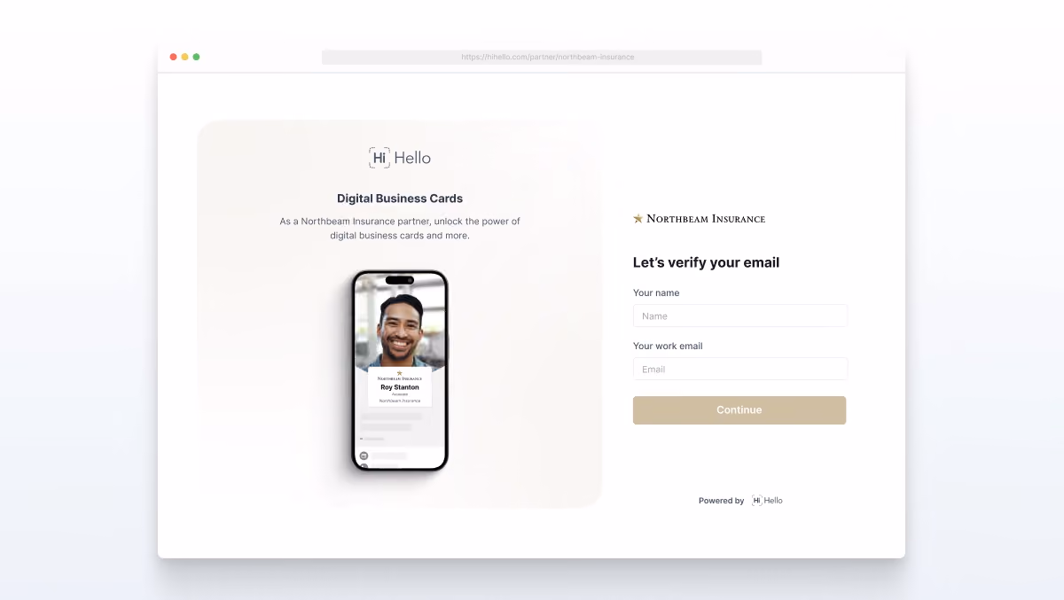 HiHello branded partner program page with Northbeam Insurance showcasing digital business card sign-up