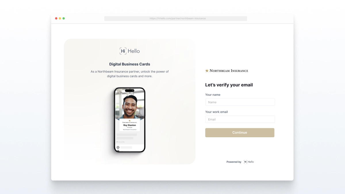 HiHello branded partner program page with Northbeam Insurance showcasing digital business card sign-up