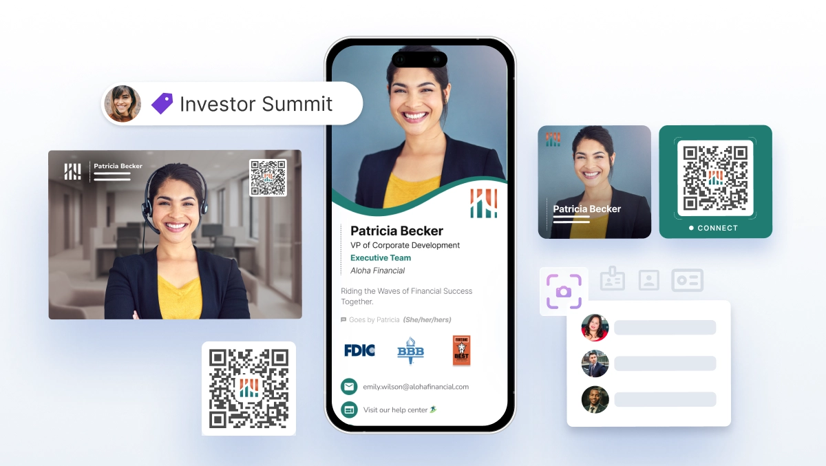 HiHello professional presence suite including digital business cards, QR codes, email signatures, and virtual backgrounds
