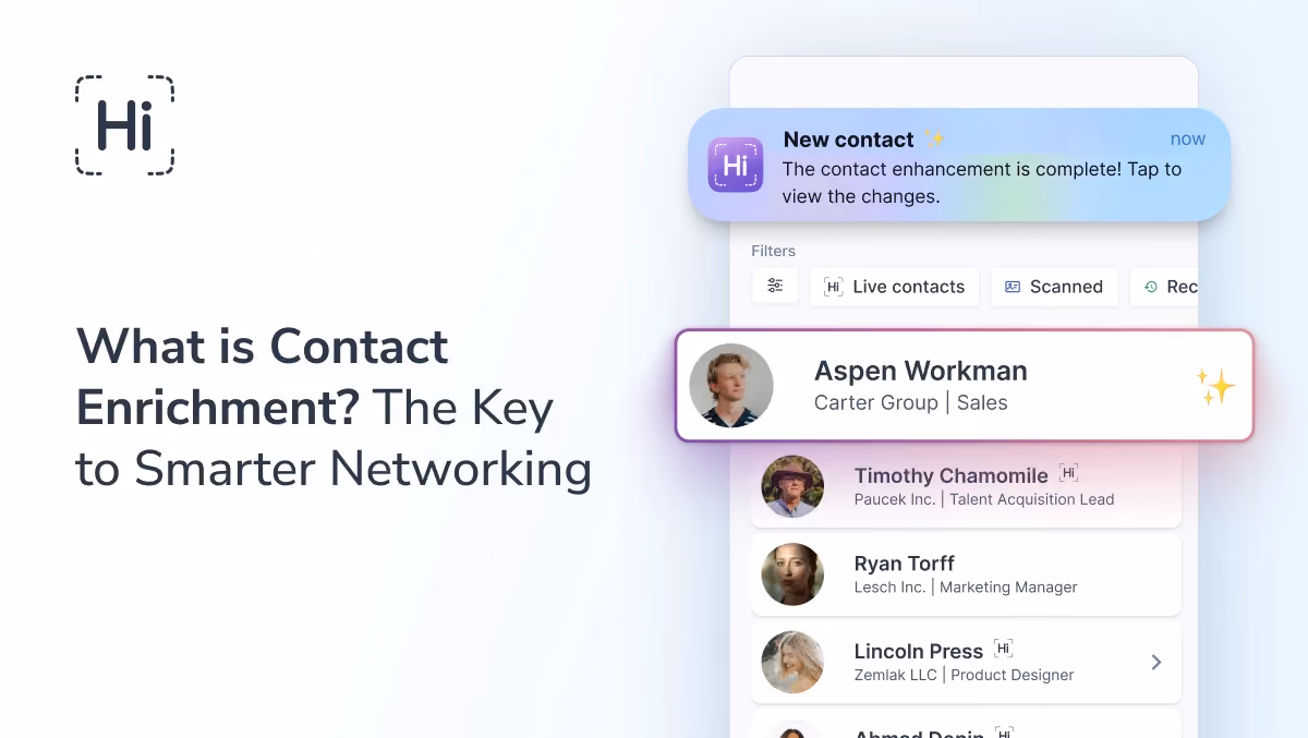 HiHello Contact Enrichment feature on mobile showing enriched contact details.