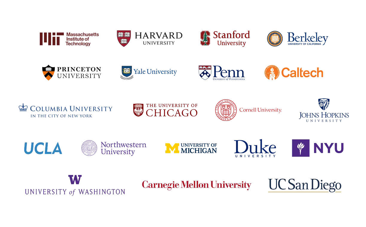 Logos of universities where students use HiHello digital contact cards, including MIT, Harvard, Stanford, UC Berkeley, Princeton, Yale, Penn, Caltech, Columbia, University of Chicago, Cornell, Johns Hopkins, UCLA, Northwestern, University of Michigan, Duke