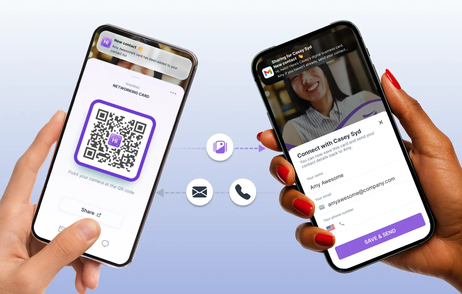 Two students sharing HiHello digital business cards on smartphones, with one showing a QR code and the other displaying contact details—highlighting a free digital business card for students that works offline and across all sharing methods.