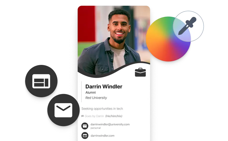 A digital business card on a smartphone surrounded by icons for photos, links, and social profiles, showing how students can create their card in minutes.