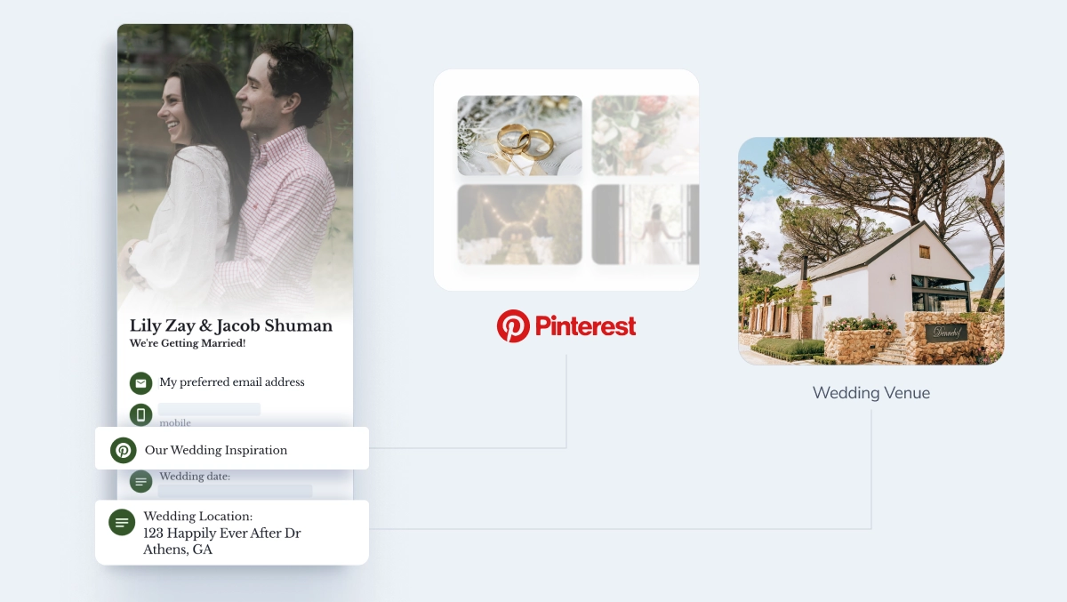 Example HiHello digital business card created for wedding vendors with date, location, contact info, and Pinterest links