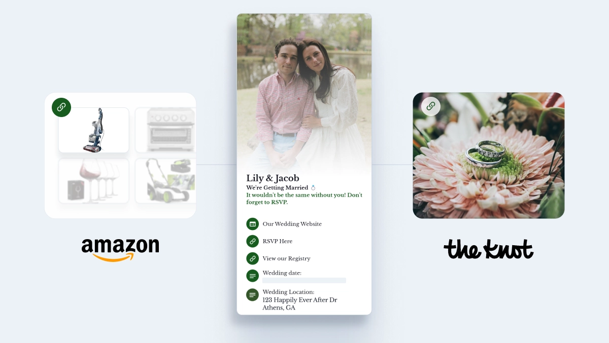 HiHello digital business card designed for wedding guests with RSVP link, registry, and wedding website details