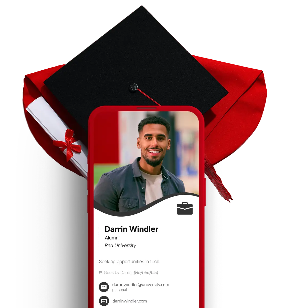 HiHello digital contact card for students displayed on a smartphone next to a graduation cap, highlighting how college students can create free contact cards with their .edu email.