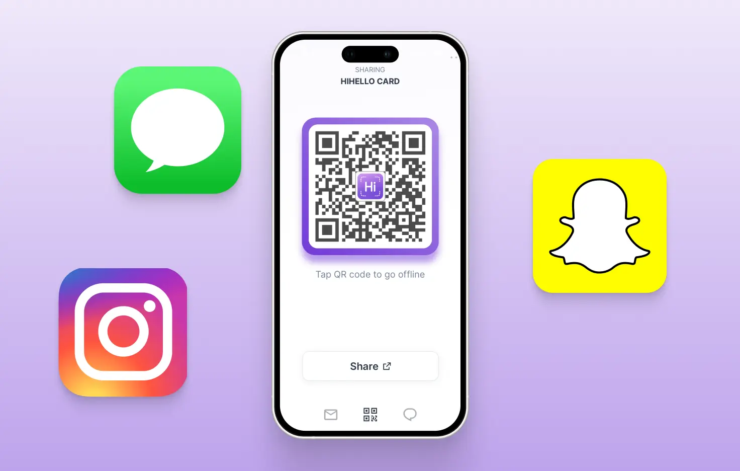 HiHello digital business card for students displayed as a QR code on a smartphone, showing how student contact cards can be shared instantly across apps like iMessage, WhatsApp, Messenger, and Discord.