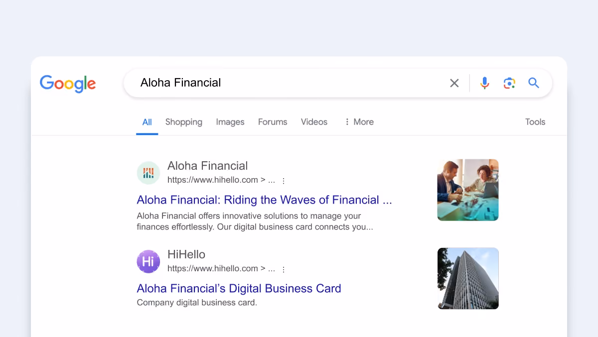 Search results showing a professional LinkedIn profile and HiHello digital business card
