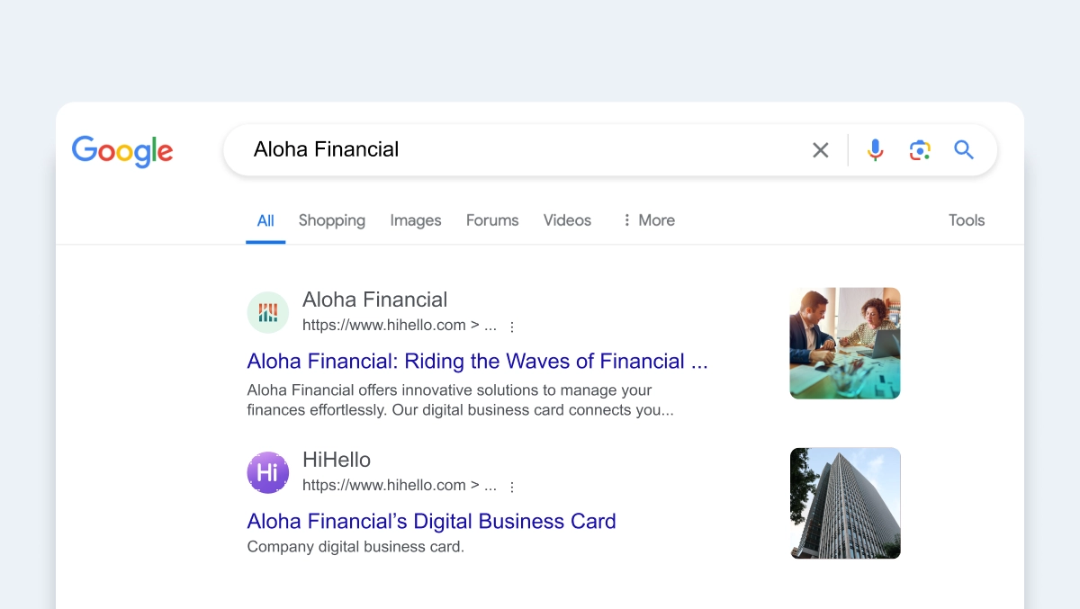 Search results showing a professional LinkedIn profile and HiHello digital business card