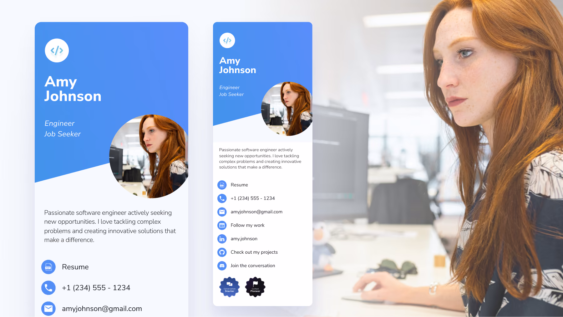 Digital business card example for engineers featuring GitHub and LinkedIn links.