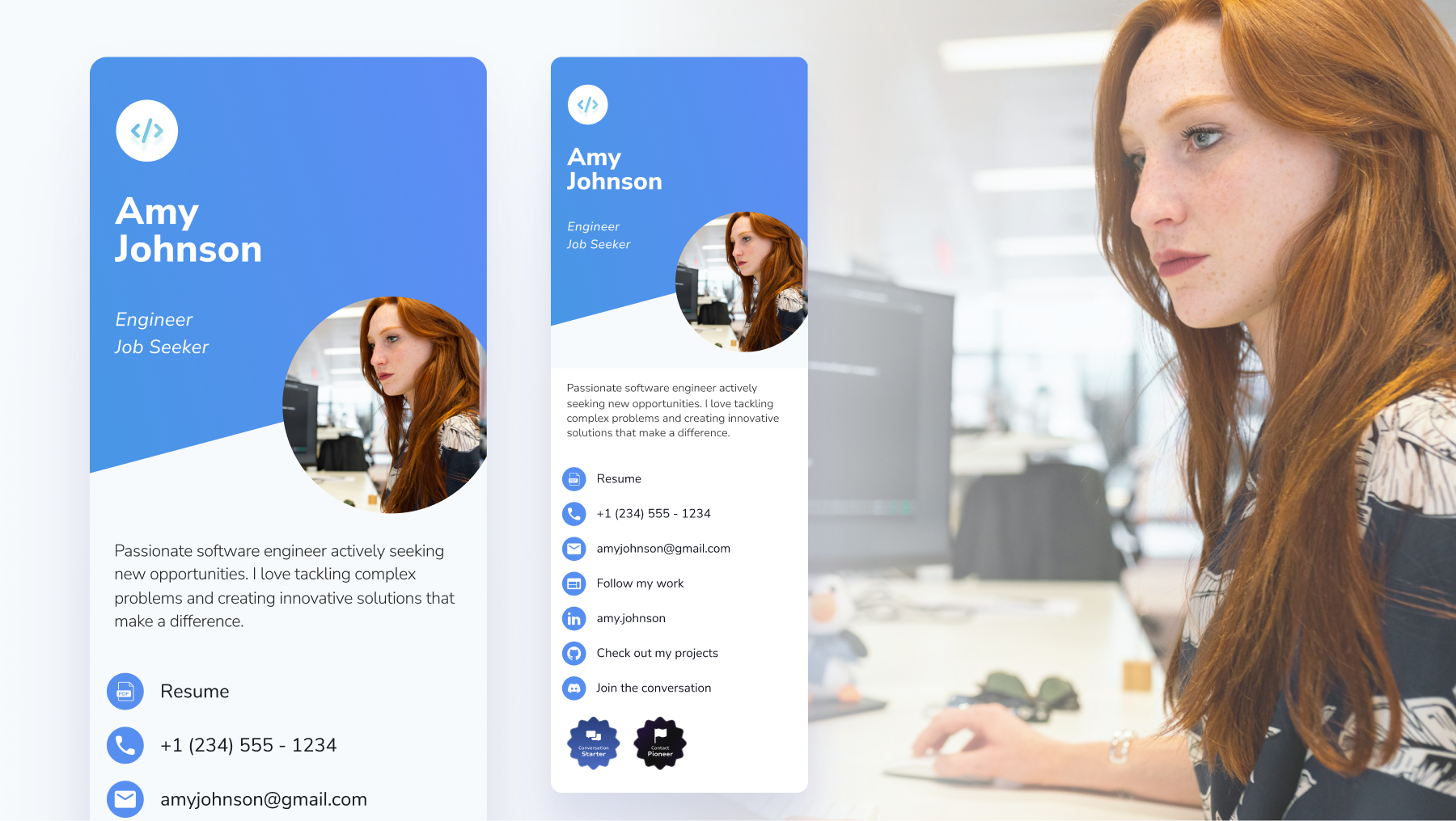 Digital business card example for engineers featuring GitHub and LinkedIn links.